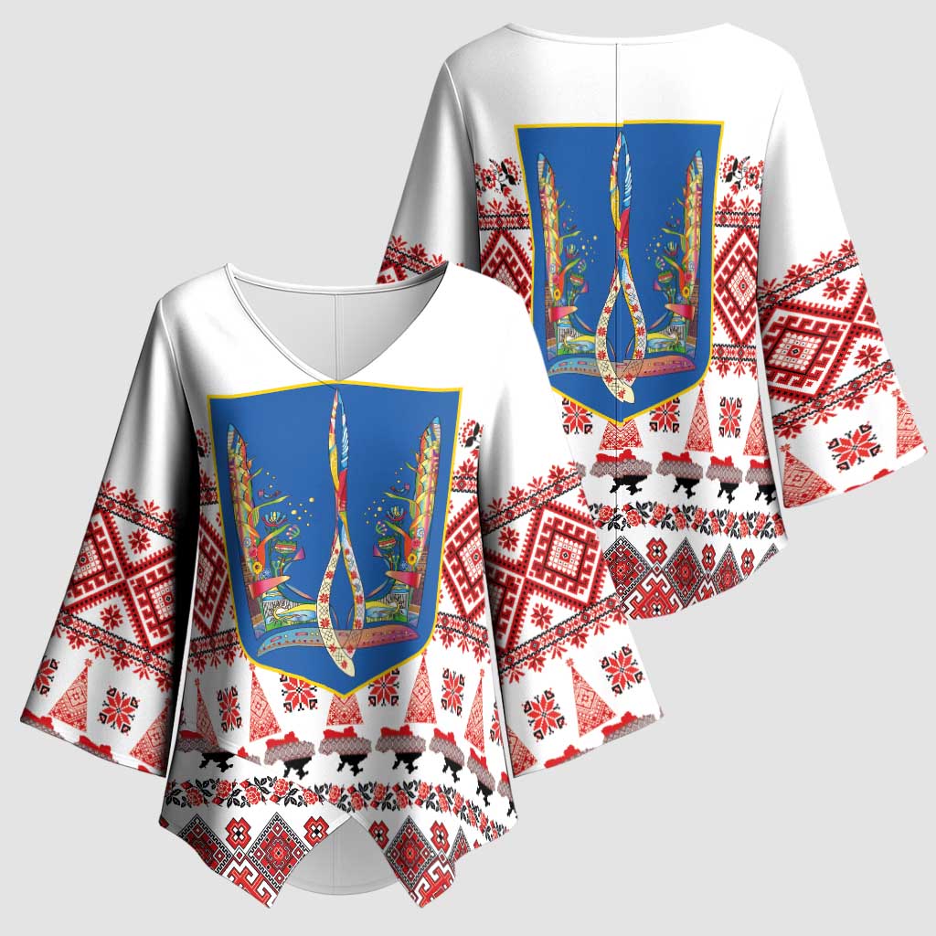 Ukraine Merry Christmas Kimono Sleeve Blouse Ukraine Emblem and Vyshyvanka Xmas Style - Wonder Print Shop