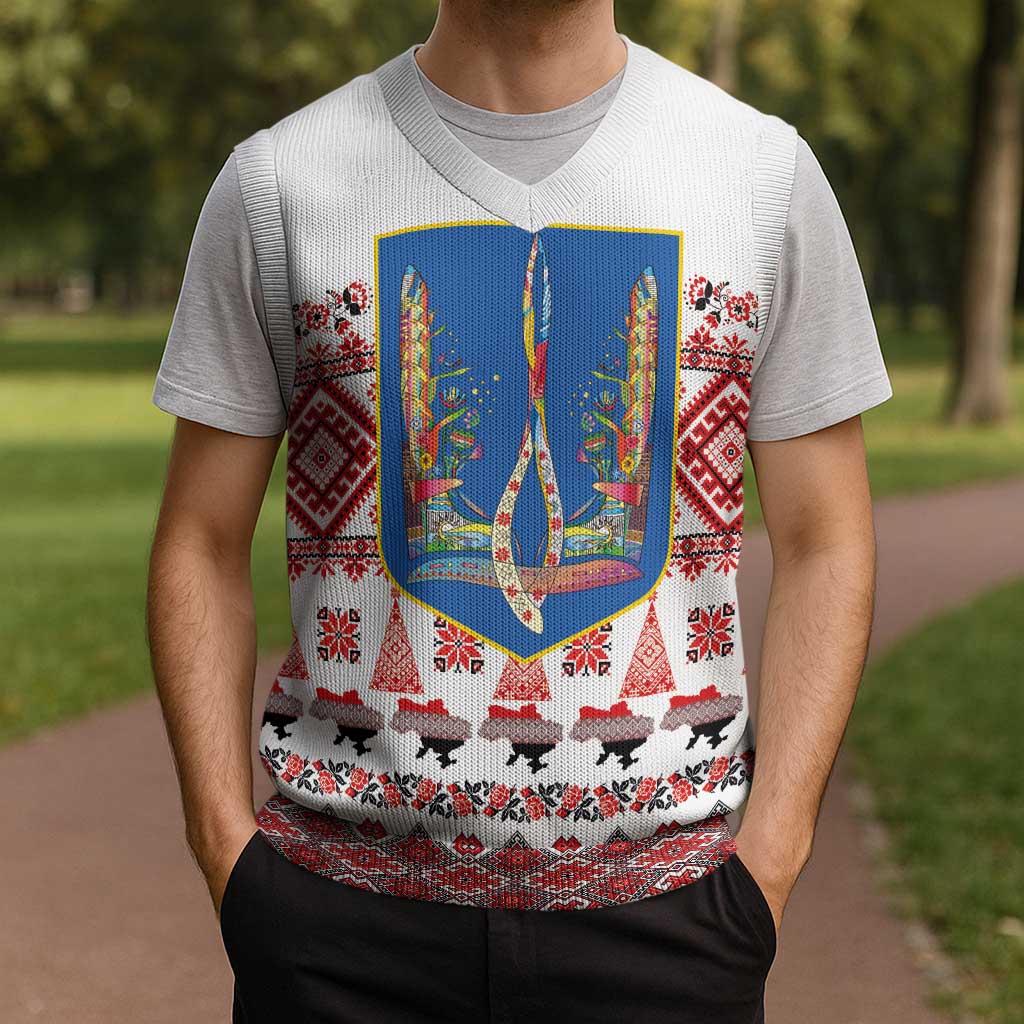 Ukraine Merry Christmas Knitted V-Neck Vest Ukraine Emblem and Vyshyvanka Xmas Style - Wonder Print Shop
