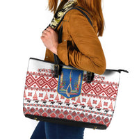 Ukraine Merry Christmas Leather Tote Bag Ukraine Emblem and Vyshyvanka Xmas Style - Wonder Print Shop