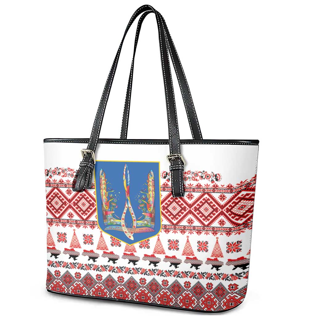 Ukraine Merry Christmas Leather Tote Bag Ukraine Emblem and Vyshyvanka Xmas Style - Wonder Print Shop