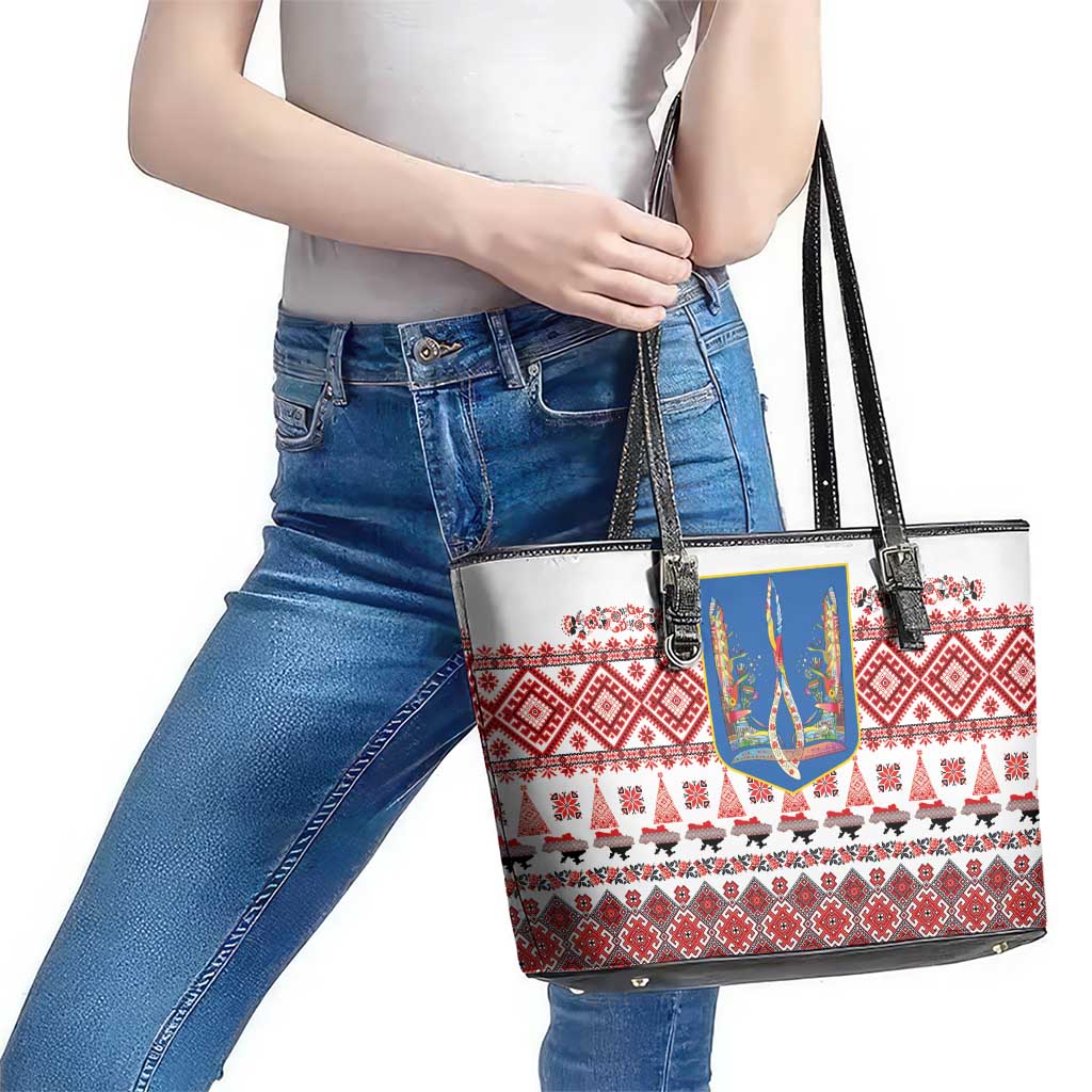 Ukraine Merry Christmas Leather Tote Bag Ukraine Emblem and Vyshyvanka Xmas Style - Wonder Print Shop