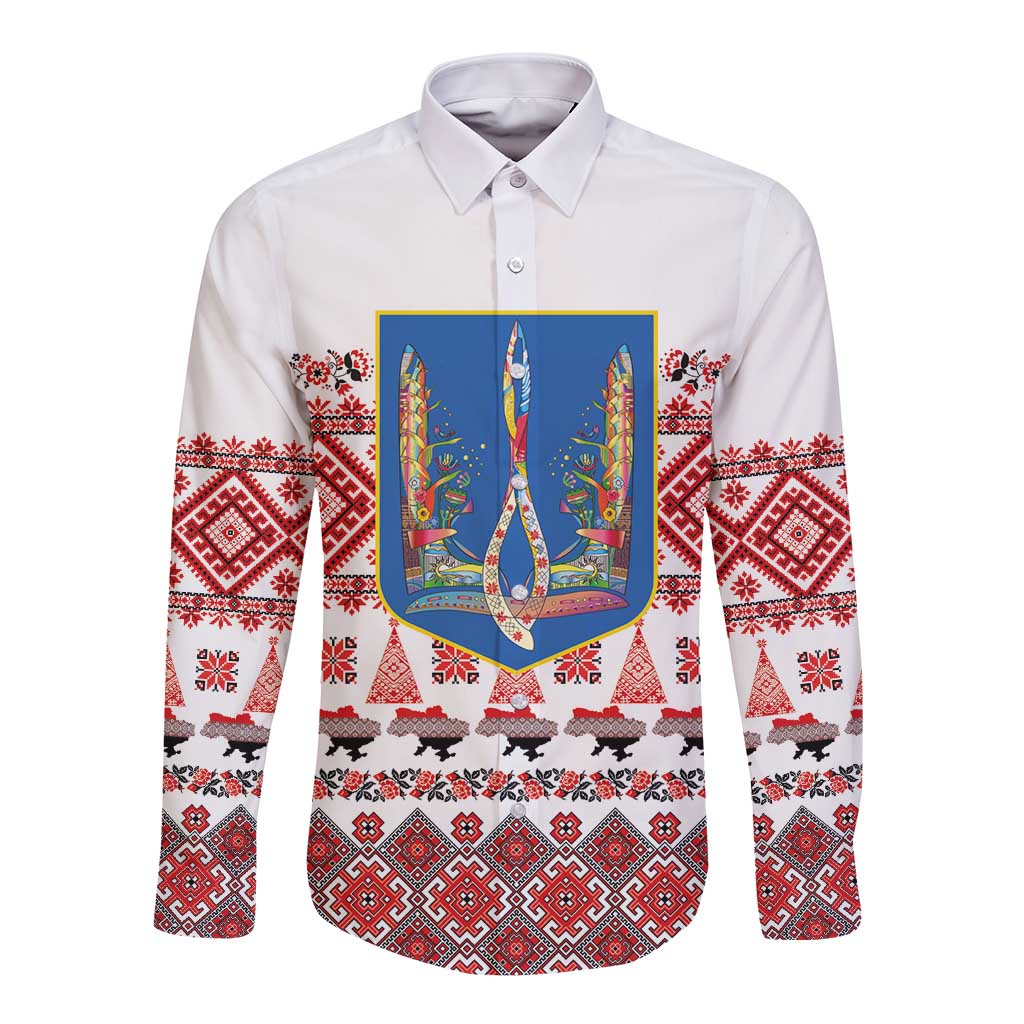 Ukraine Merry Christmas Long Sleeve Button Shirt Ukraine Emblem and Vyshyvanka Xmas Style - Wonder Print Shop