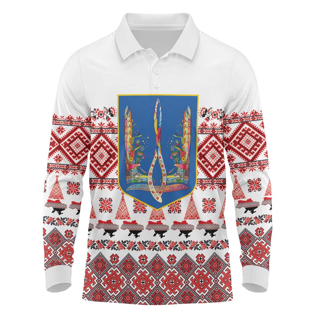 Ukraine Merry Christmas Long Sleeve Polo Shirt Ukraine Emblem and Vyshyvanka Xmas Style - Wonder Print Shop