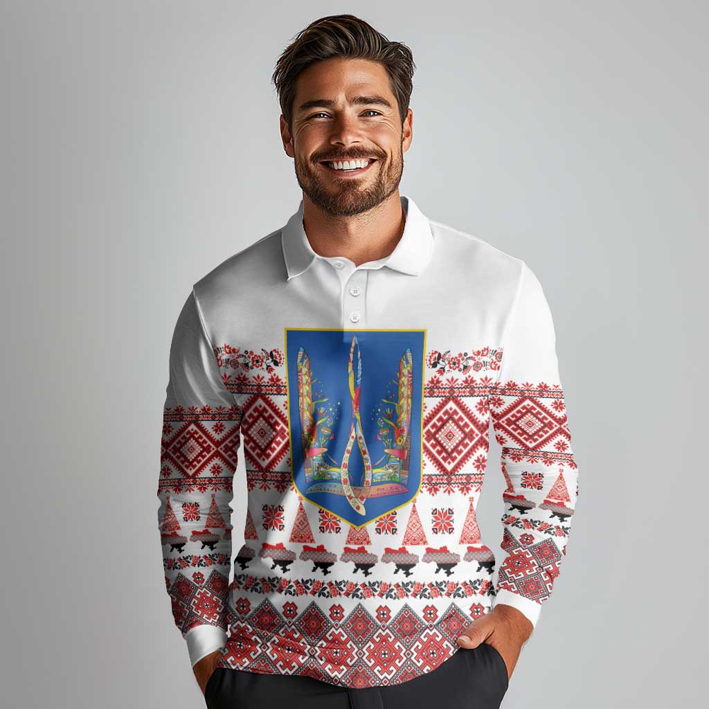 Ukraine Merry Christmas Long Sleeve Polo Shirt Ukraine Emblem and Vyshyvanka Xmas Style - Wonder Print Shop