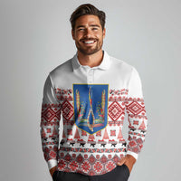 Ukraine Merry Christmas Long Sleeve Polo Shirt Ukraine Emblem and Vyshyvanka Xmas Style - Wonder Print Shop