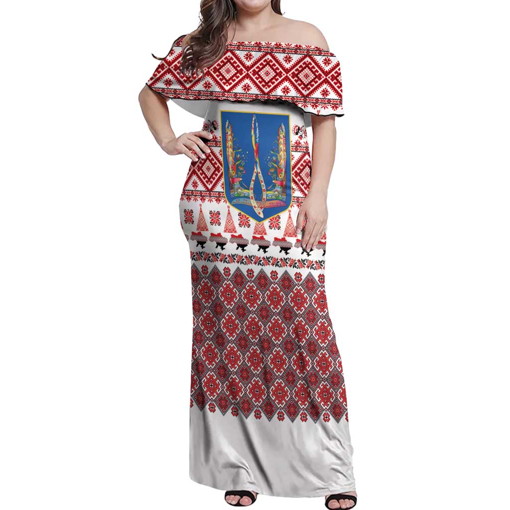 Ukraine Merry Christmas Off Shoulder Maxi Dress Ukraine Emblem and Vyshyvanka Xmas Style - Wonder Print Shop