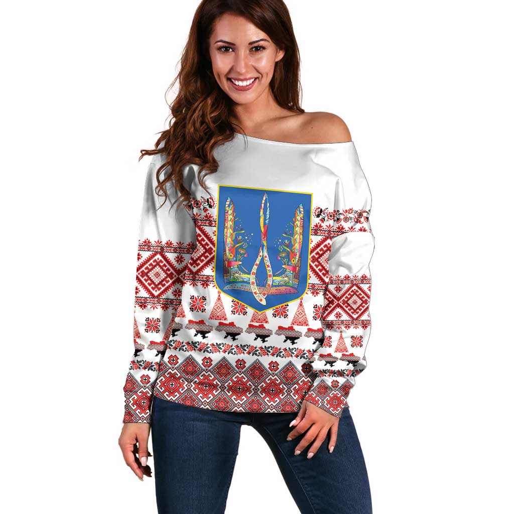 Ukraine Merry Christmas Off Shoulder Sweater Ukraine Emblem and Vyshyvanka Xmas Style - Wonder Print Shop