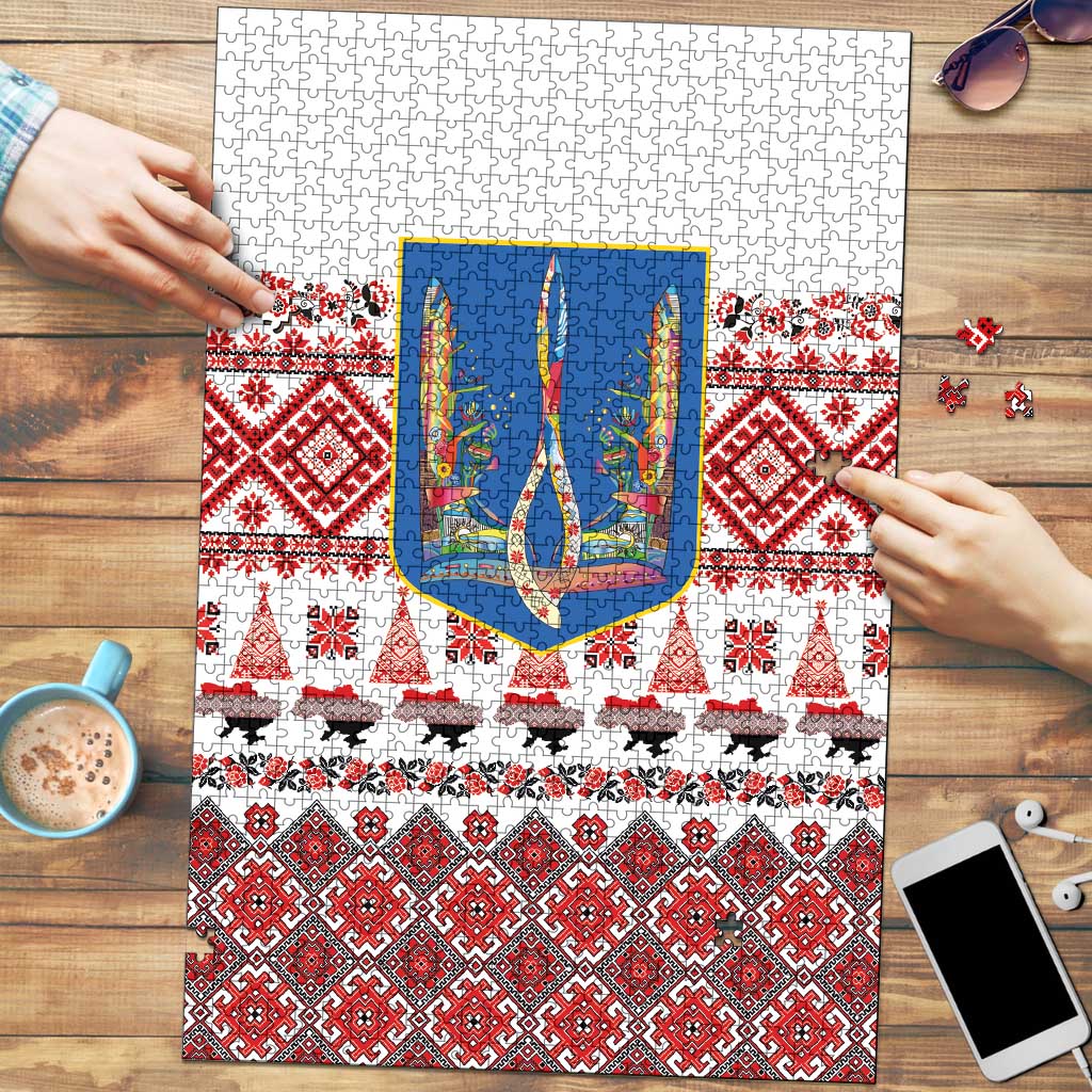 Ukraine Merry Christmas Puzzle Ukraine Emblem and Vyshyvanka Xmas Style - Wonder Print Shop
