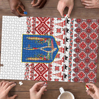 Ukraine Merry Christmas Puzzle Ukraine Emblem and Vyshyvanka Xmas Style - Wonder Print Shop