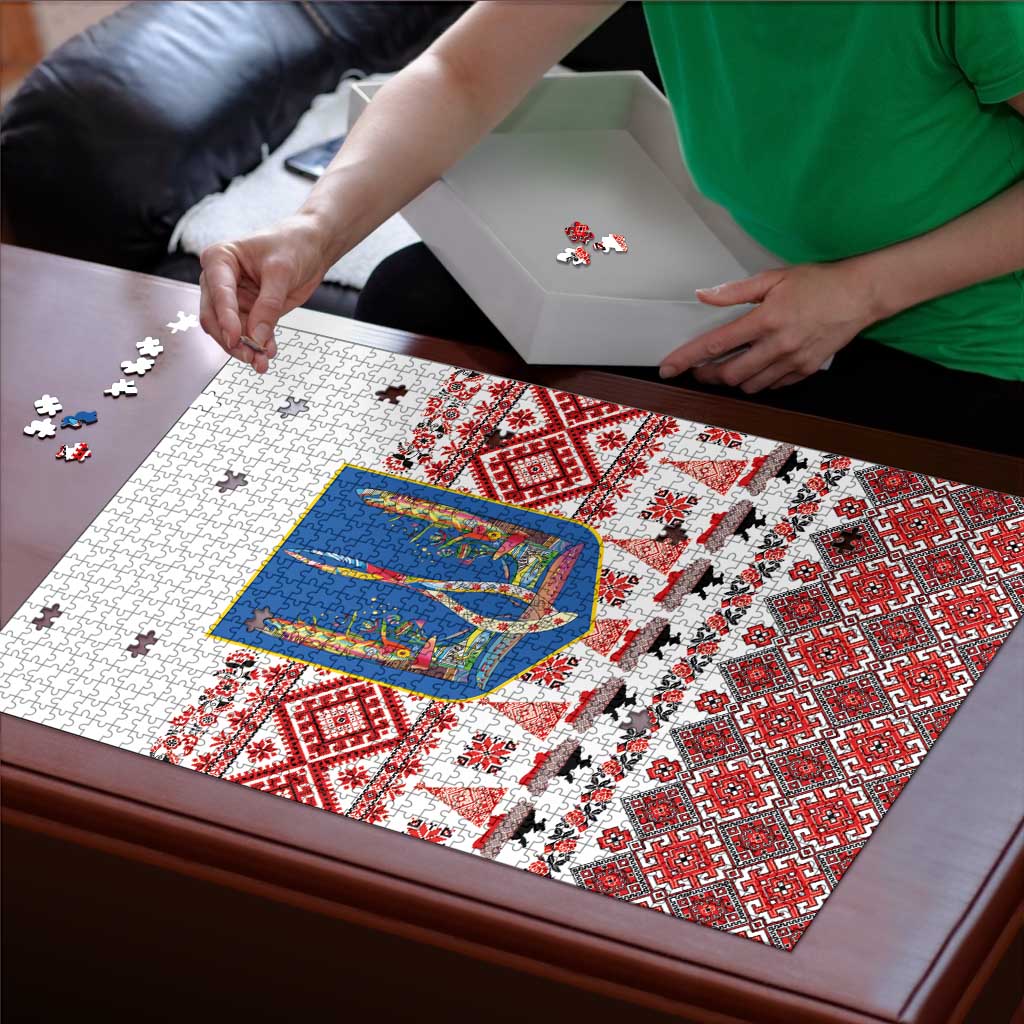Ukraine Merry Christmas Puzzle Ukraine Emblem and Vyshyvanka Xmas Style - Wonder Print Shop