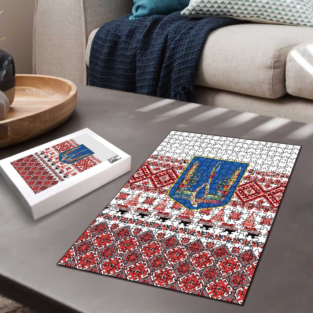 Ukraine Merry Christmas Puzzle Ukraine Emblem and Vyshyvanka Xmas Style - Wonder Print Shop