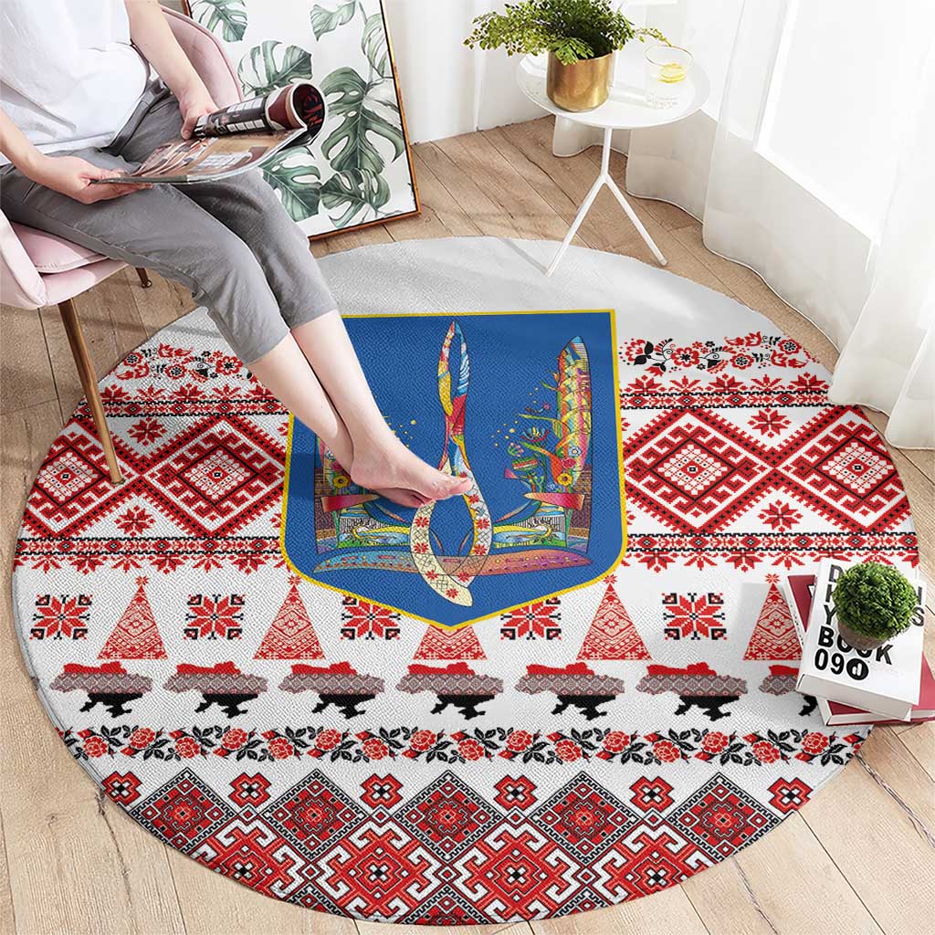 Ukraine Merry Christmas Round Carpet Ukraine Emblem and Vyshyvanka Xmas Style - Wonder Print Shop
