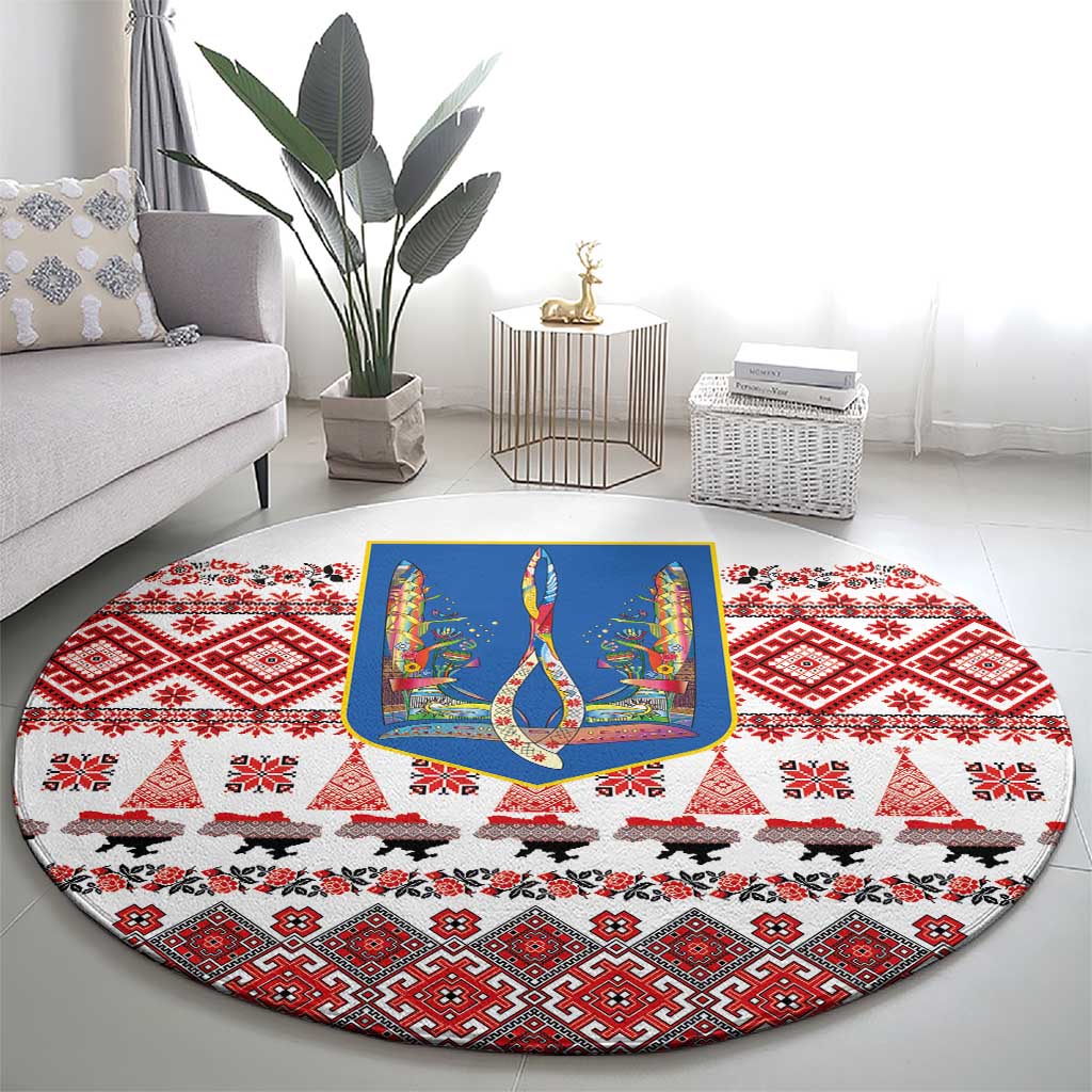 Ukraine Merry Christmas Round Carpet Ukraine Emblem and Vyshyvanka Xmas Style - Wonder Print Shop