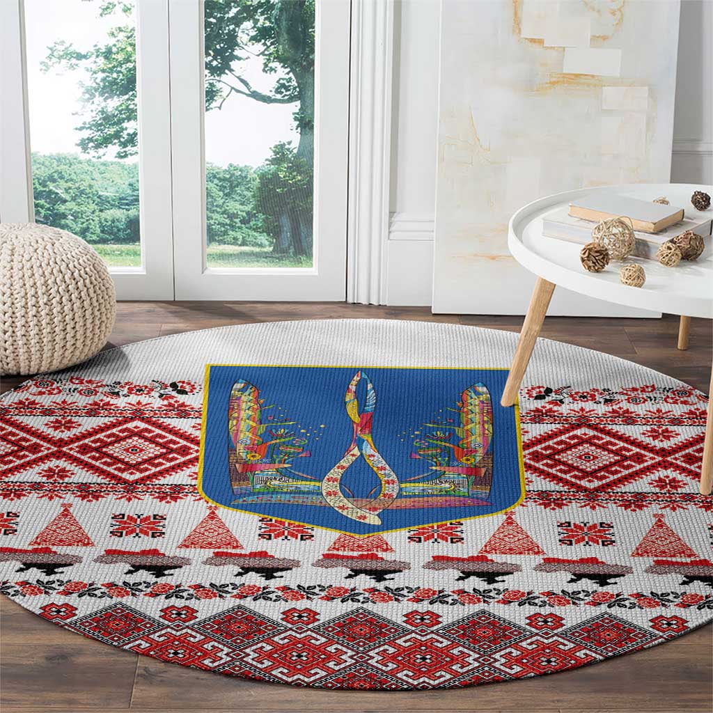 Ukraine Merry Christmas Round Carpet Ukraine Emblem and Vyshyvanka Xmas Style - Wonder Print Shop