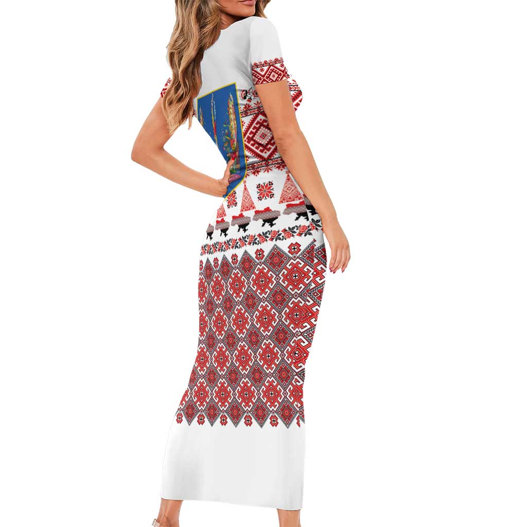 Ukraine Merry Christmas Short Sleeve Bodycon Dress Ukraine Emblem and Vyshyvanka Xmas Style - Wonder Print Shop