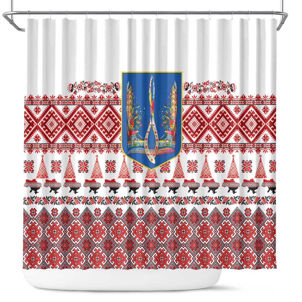 Ukraine Merry Christmas Shower Curtain Ukraine Emblem and Vyshyvanka Xmas Style - Wonder Print Shop
