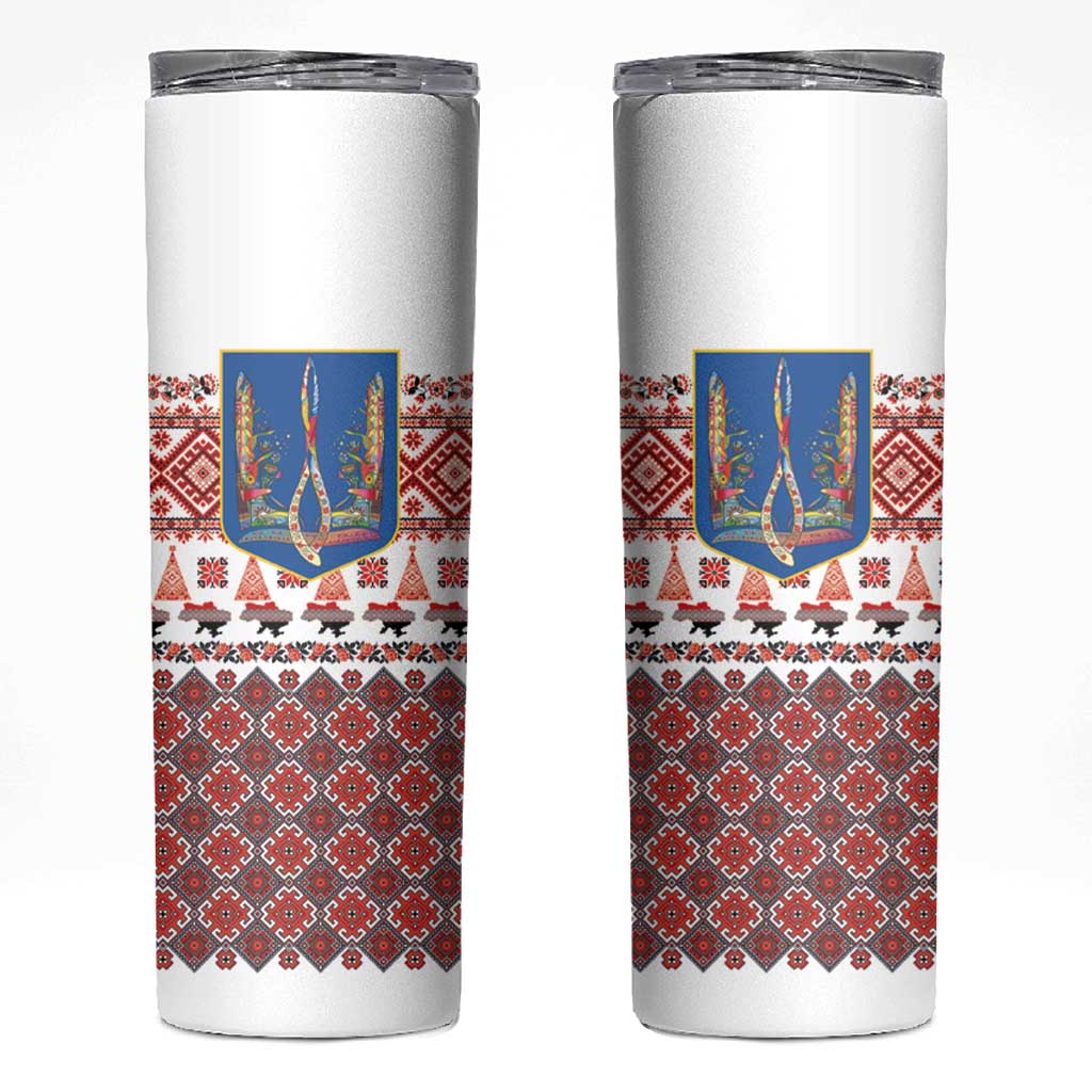 Ukraine Merry Christmas Skinny Tumbler Ukraine Emblem and Vyshyvanka Xmas Style - Wonder Print Shop