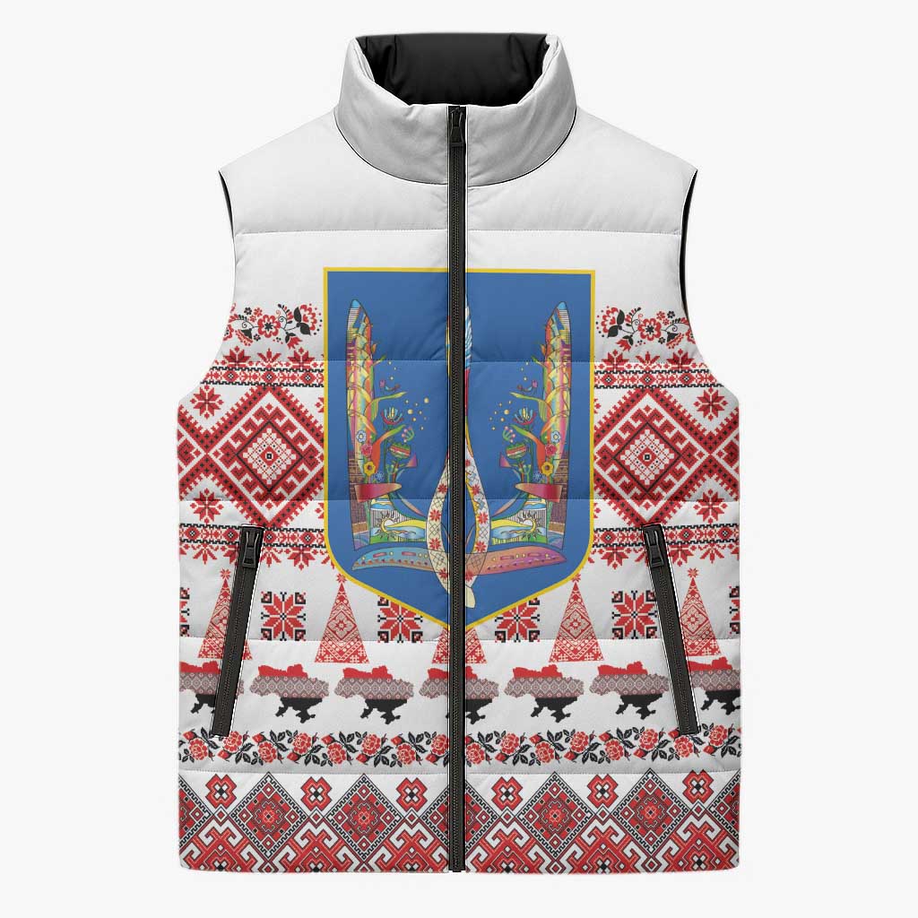 Ukraine Merry Christmas Sleeveless Puffer Jacket Ukraine Emblem and Vyshyvanka Xmas Style - Wonder Print Shop
