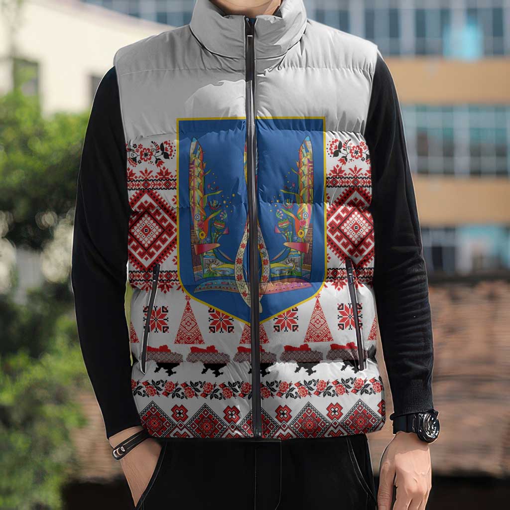 Ukraine Merry Christmas Sleeveless Puffer Jacket Ukraine Emblem and Vyshyvanka Xmas Style - Wonder Print Shop