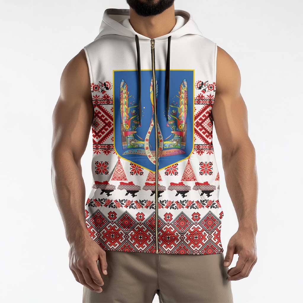 Ukraine Merry Christmas Sleeveless Zip Hoodie Ukraine Emblem and Vyshyvanka Xmas Style - Wonder Print Shop