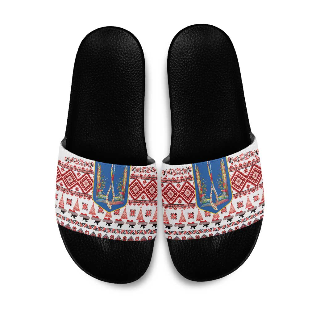 Ukraine Merry Christmas Slide Sandals Ukraine Emblem and Vyshyvanka Xmas Style - Wonder Print Shop