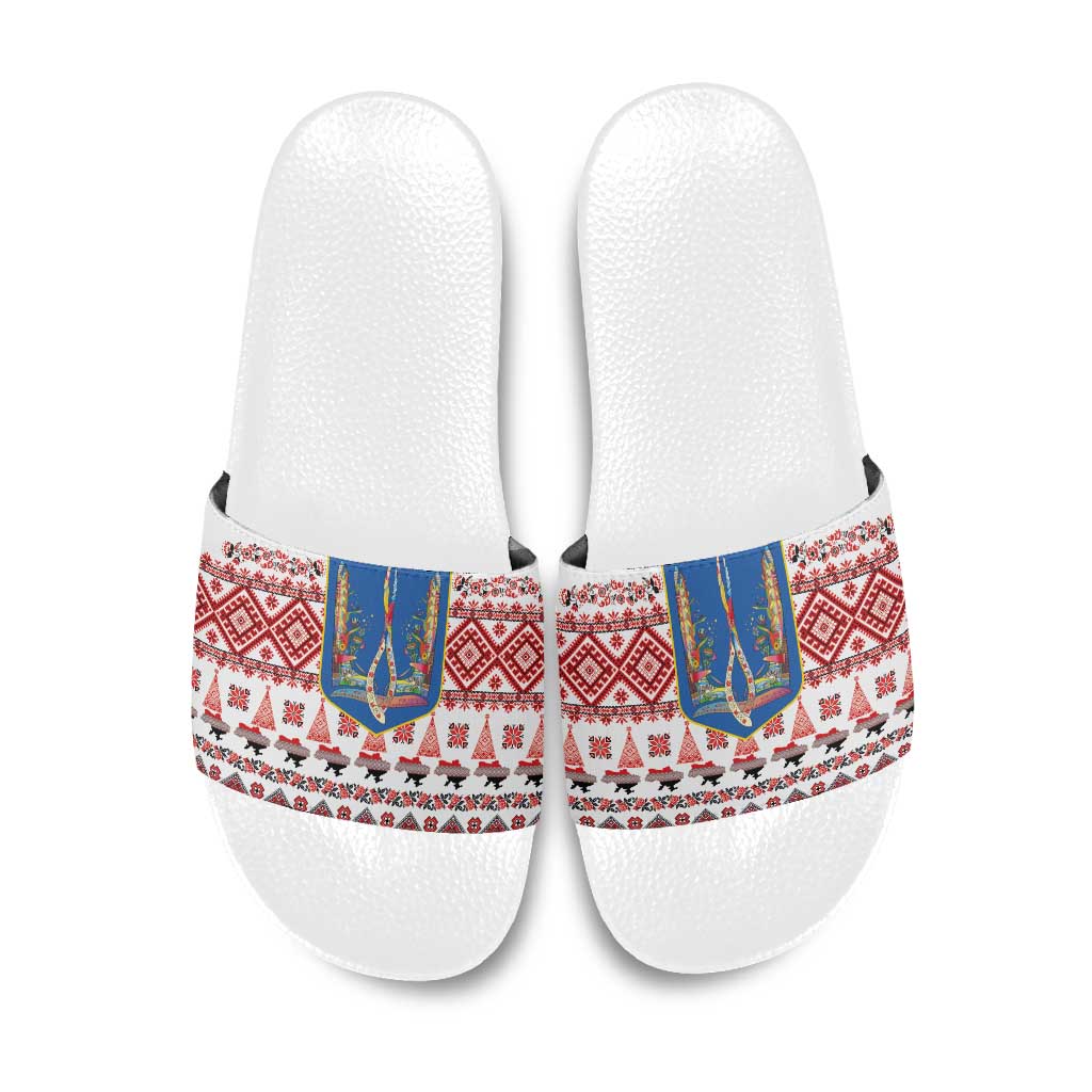 Ukraine Merry Christmas Slide Sandals Ukraine Emblem and Vyshyvanka Xmas Style - Wonder Print Shop