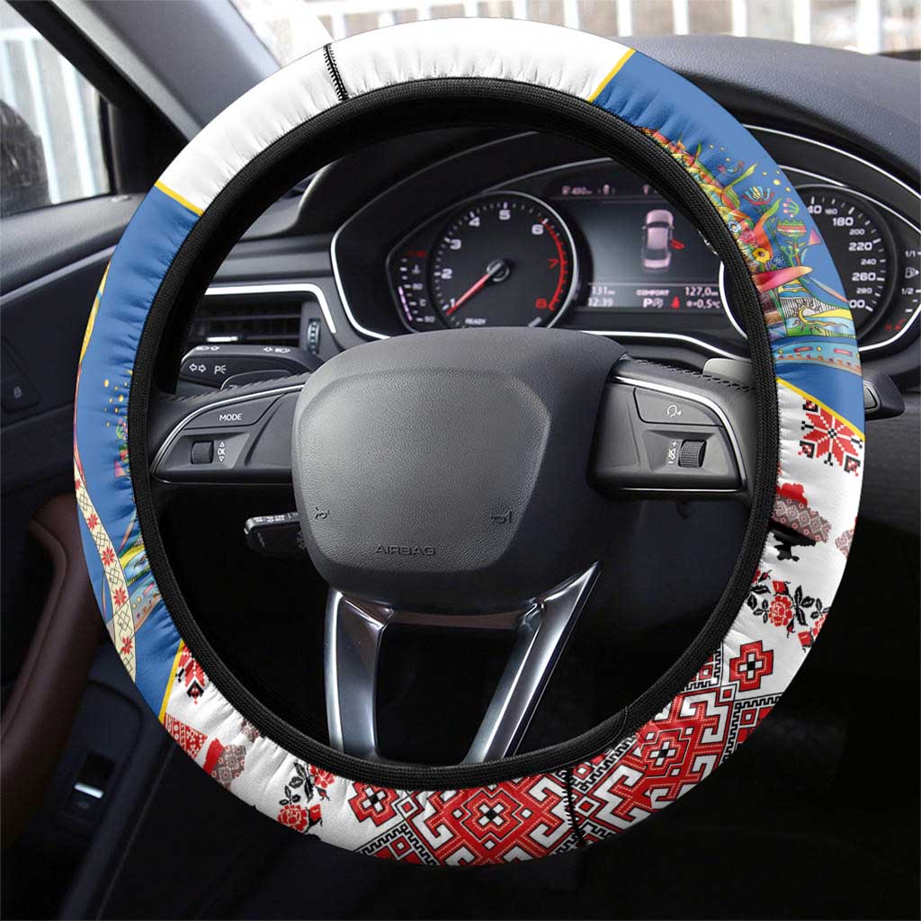 Ukraine Merry Christmas Steering Wheel Cover Ukraine Emblem and Vyshyvanka Xmas Style - Wonder Print Shop
