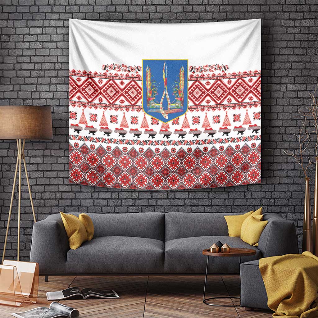 Ukraine Merry Christmas Tapestry Ukraine Emblem and Vyshyvanka Xmas Style - Wonder Print Shop