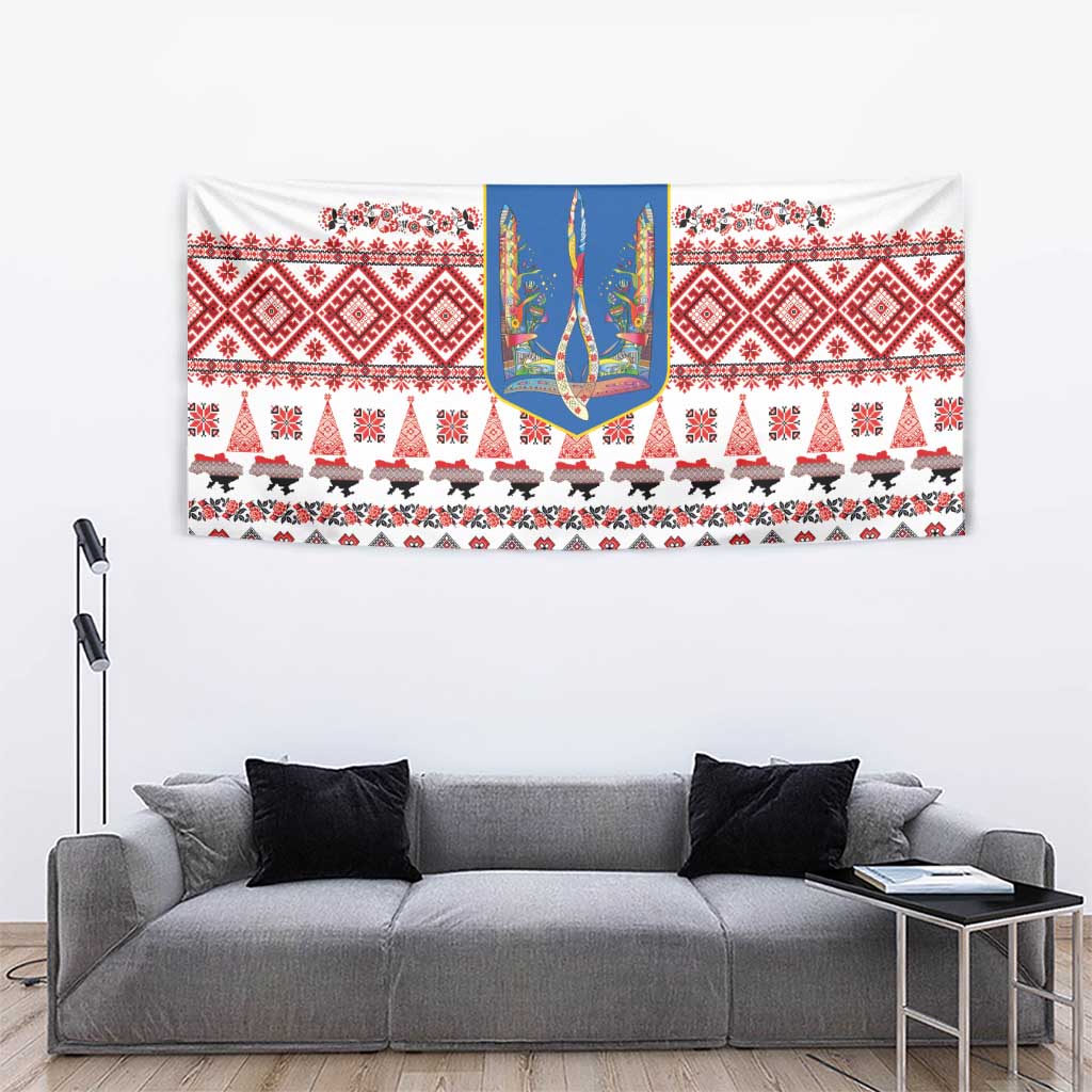 Ukraine Merry Christmas Tapestry Ukraine Emblem and Vyshyvanka Xmas Style - Wonder Print Shop