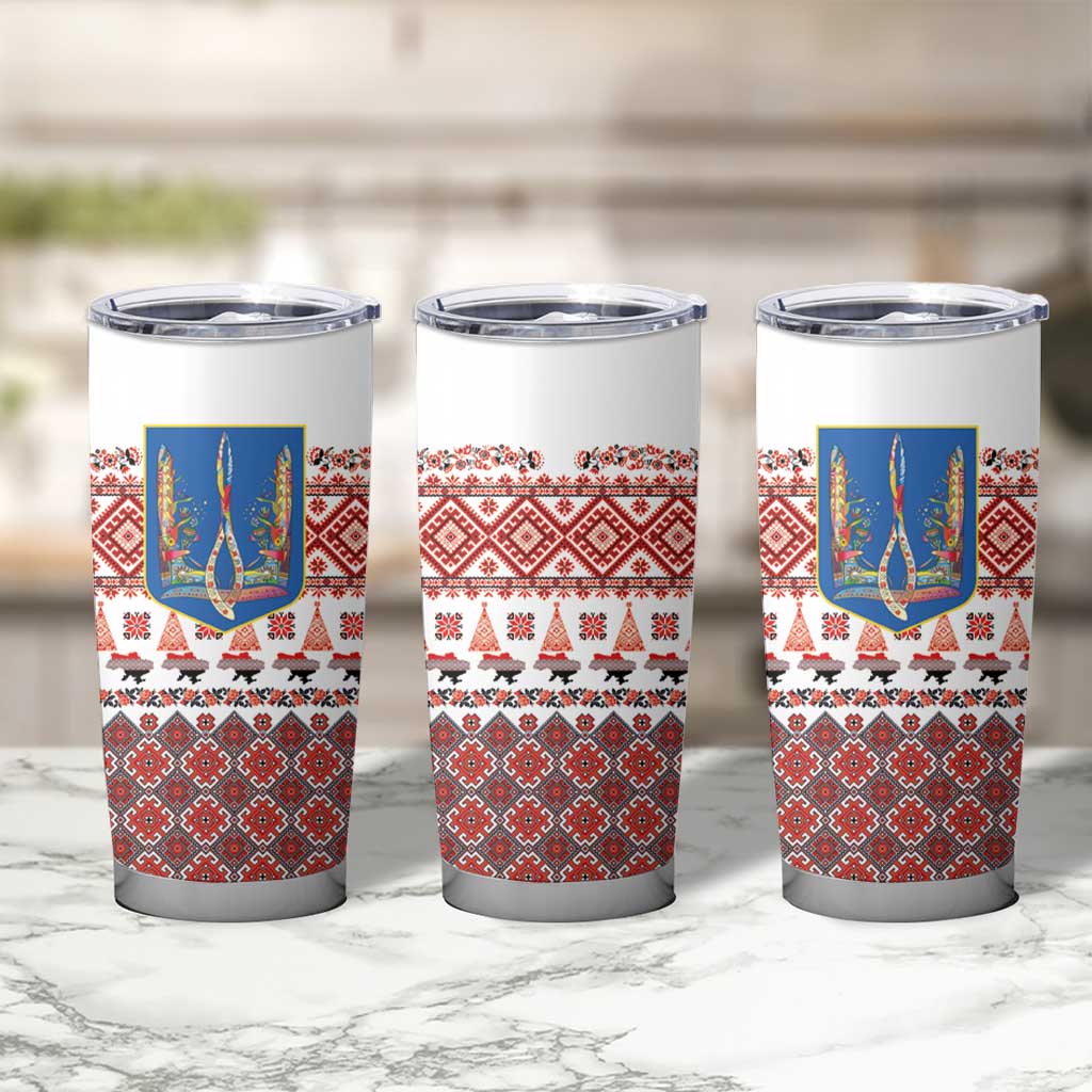 Ukraine Merry Christmas Tumbler Cup Ukraine Emblem and Vyshyvanka Xmas Style - Wonder Print Shop