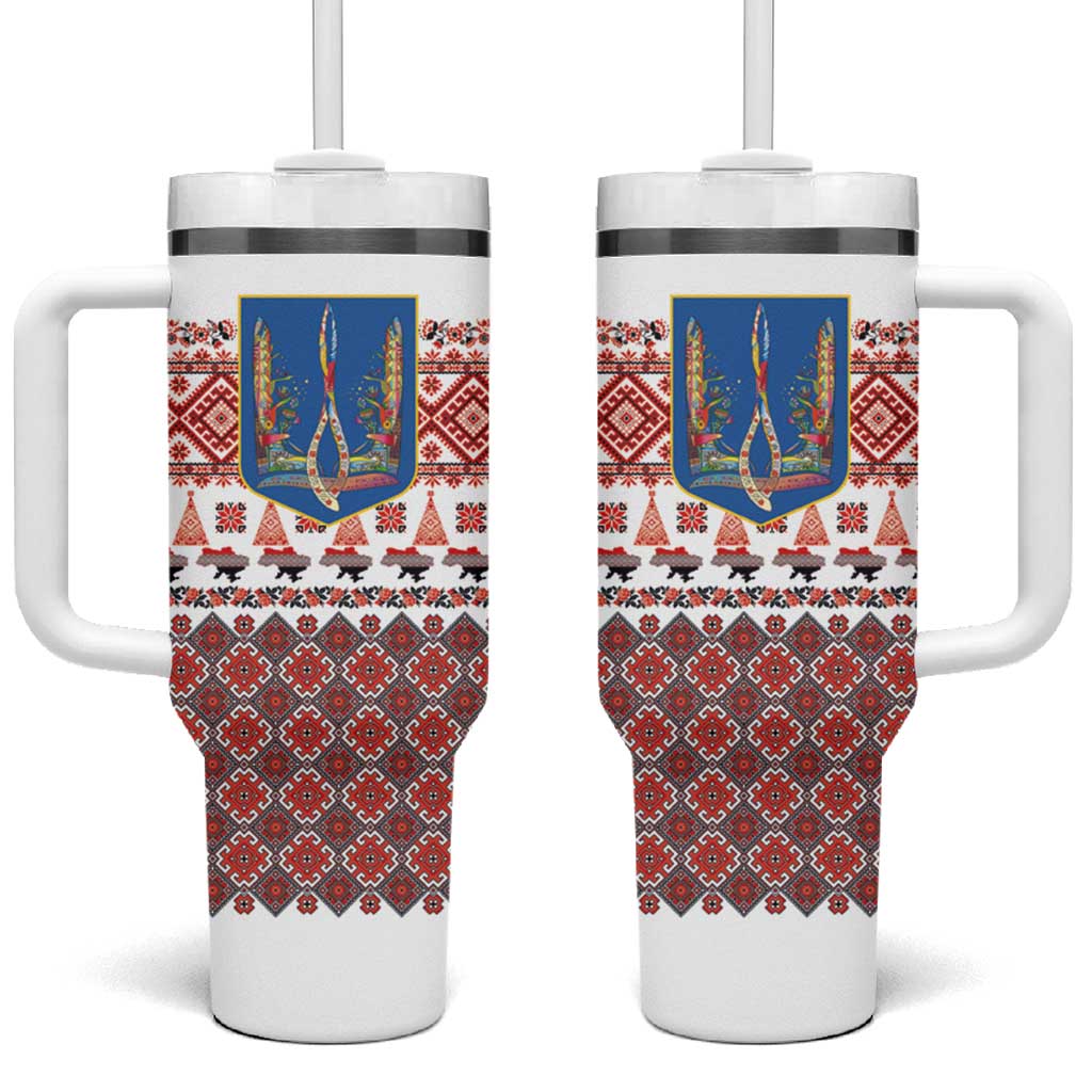 Ukraine Merry Christmas Tumbler With Handle Ukraine Emblem and Vyshyvanka Xmas Style - Wonder Print Shop