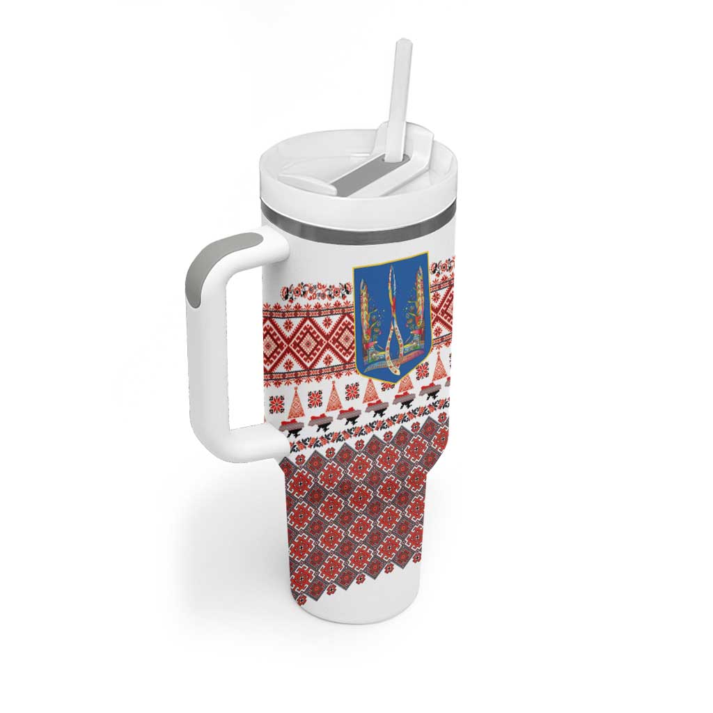Ukraine Merry Christmas Tumbler With Handle Ukraine Emblem and Vyshyvanka Xmas Style - Wonder Print Shop