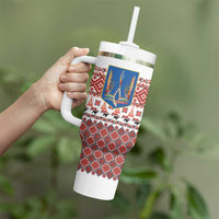 Ukraine Merry Christmas Tumbler With Handle Ukraine Emblem and Vyshyvanka Xmas Style - Wonder Print Shop