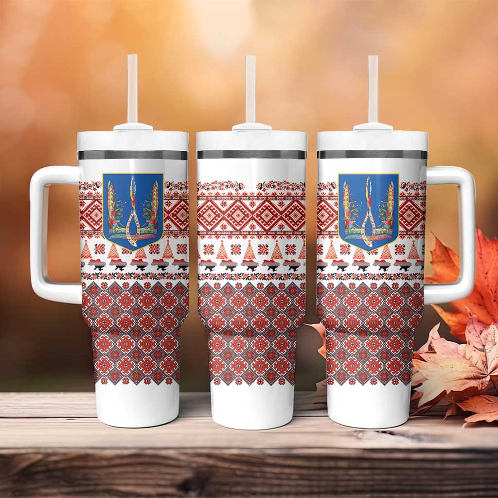 Ukraine Merry Christmas Tumbler With Handle Ukraine Emblem and Vyshyvanka Xmas Style - Wonder Print Shop