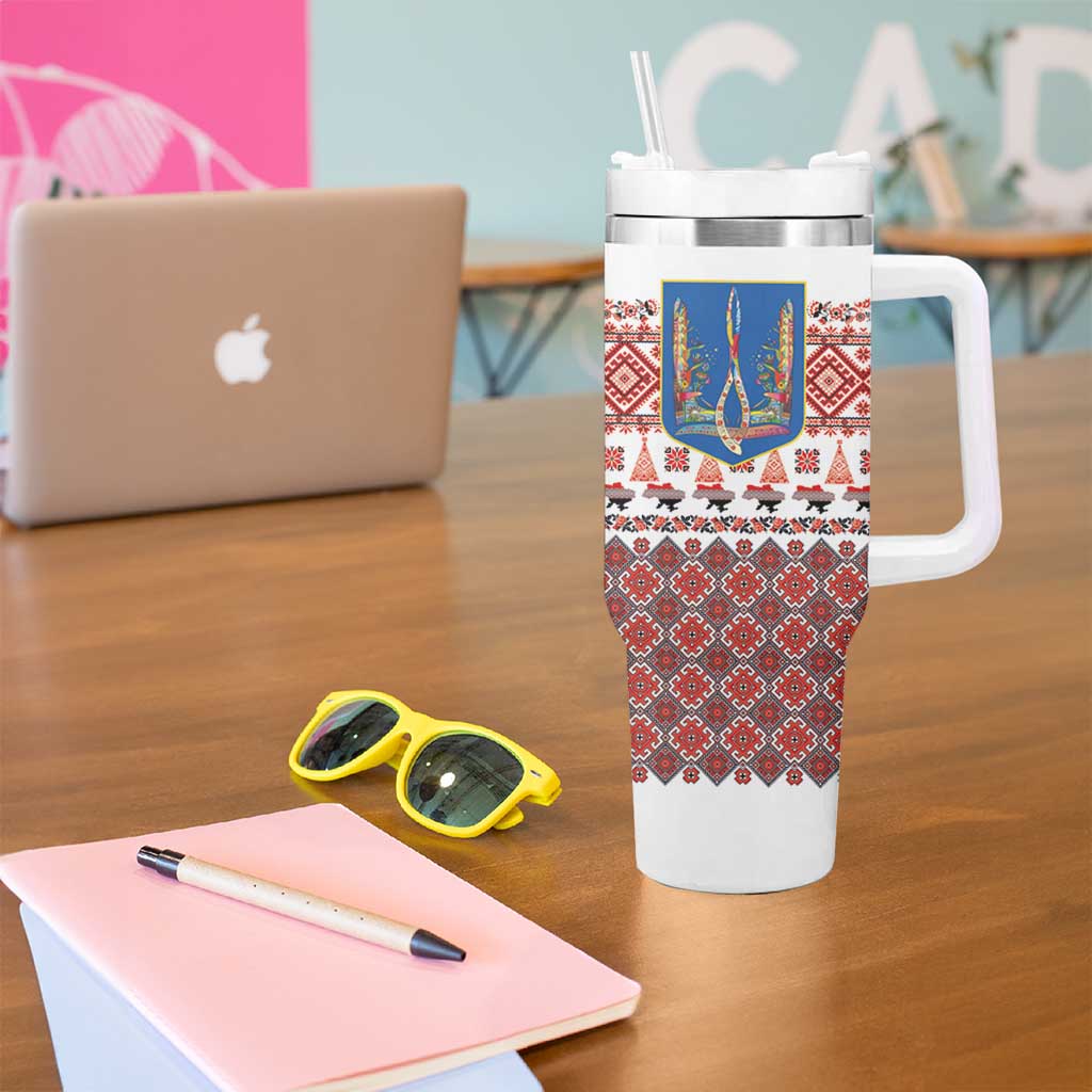 Ukraine Merry Christmas Tumbler With Handle Ukraine Emblem and Vyshyvanka Xmas Style - Wonder Print Shop