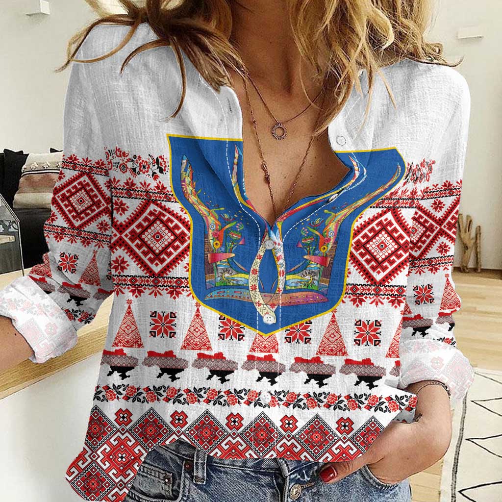 Ukraine Merry Christmas Women Casual Shirt Ukraine Emblem and Vyshyvanka Xmas Style - Wonder Print Shop