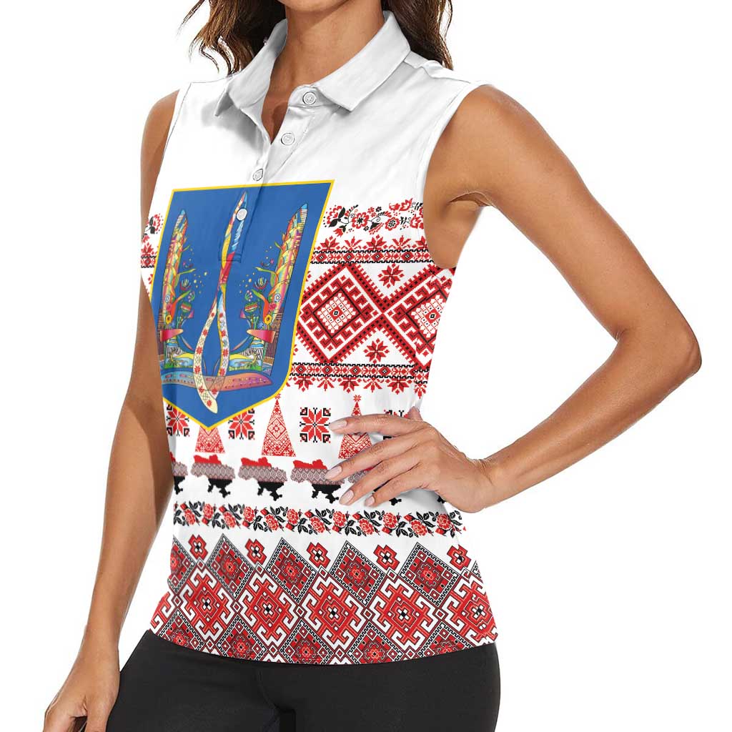 Ukraine Merry Christmas Women Sleeveless Polo Shirt Ukraine Emblem and Vyshyvanka Xmas Style - Wonder Print Shop