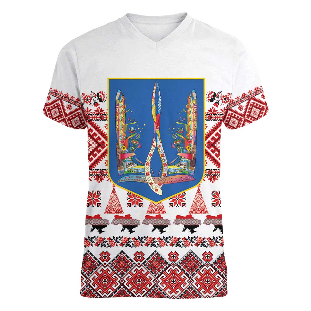 Ukraine Merry Christmas Women V-Neck T-Shirt Ukraine Emblem and Vyshyvanka Xmas Style - Wonder Print Shop