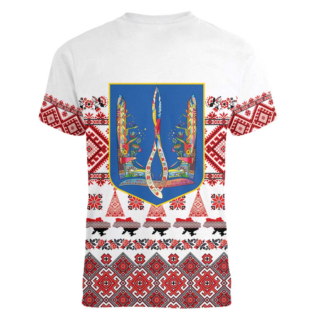 Ukraine Merry Christmas Women V-Neck T-Shirt Ukraine Emblem and Vyshyvanka Xmas Style - Wonder Print Shop