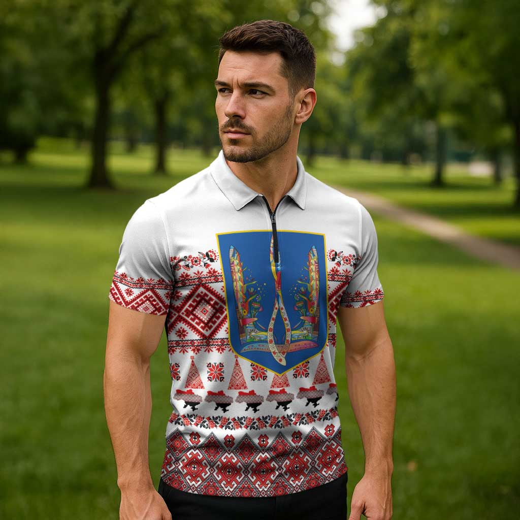 Ukraine Merry Christmas Zipper Polo Shirt Ukraine Emblem and Vyshyvanka Xmas Style - Wonder Print Shop