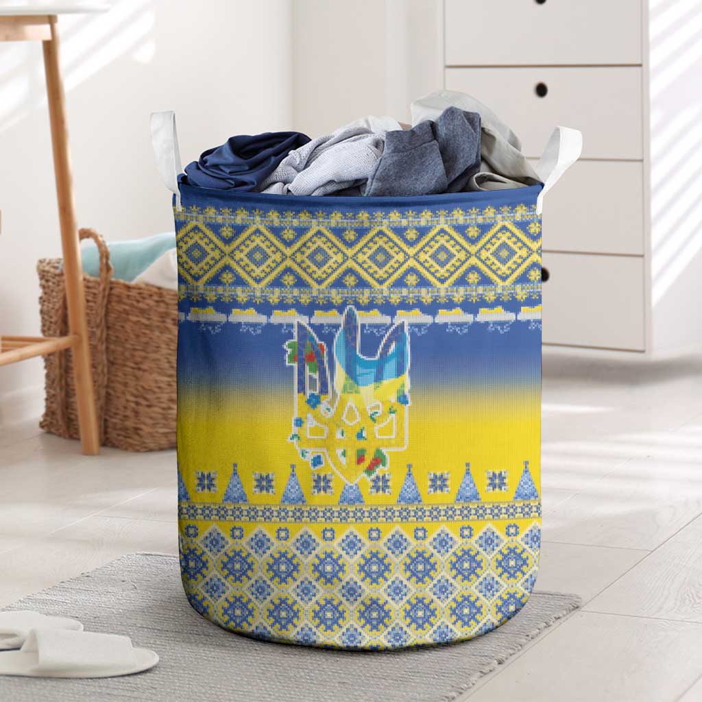 Ukraine Merry Christmas Laundry Basket Ukraine Emblem and Vyshyvanka Knitted Effect - Wonder Print Shop