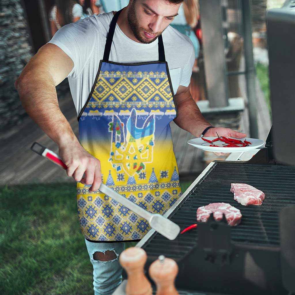 Ukraine Merry Christmas Apron Ukraine Emblem and Vyshyvanka Knitted Effect - Wonder Print Shop