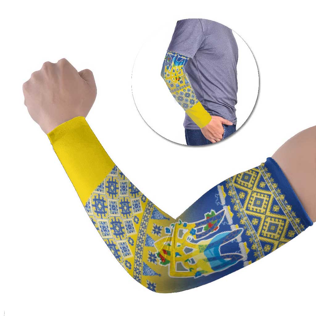 Ukraine Merry Christmas Arm Sleeves Ukraine Emblem and Vyshyvanka Knitted Effect - Wonder Print Shop