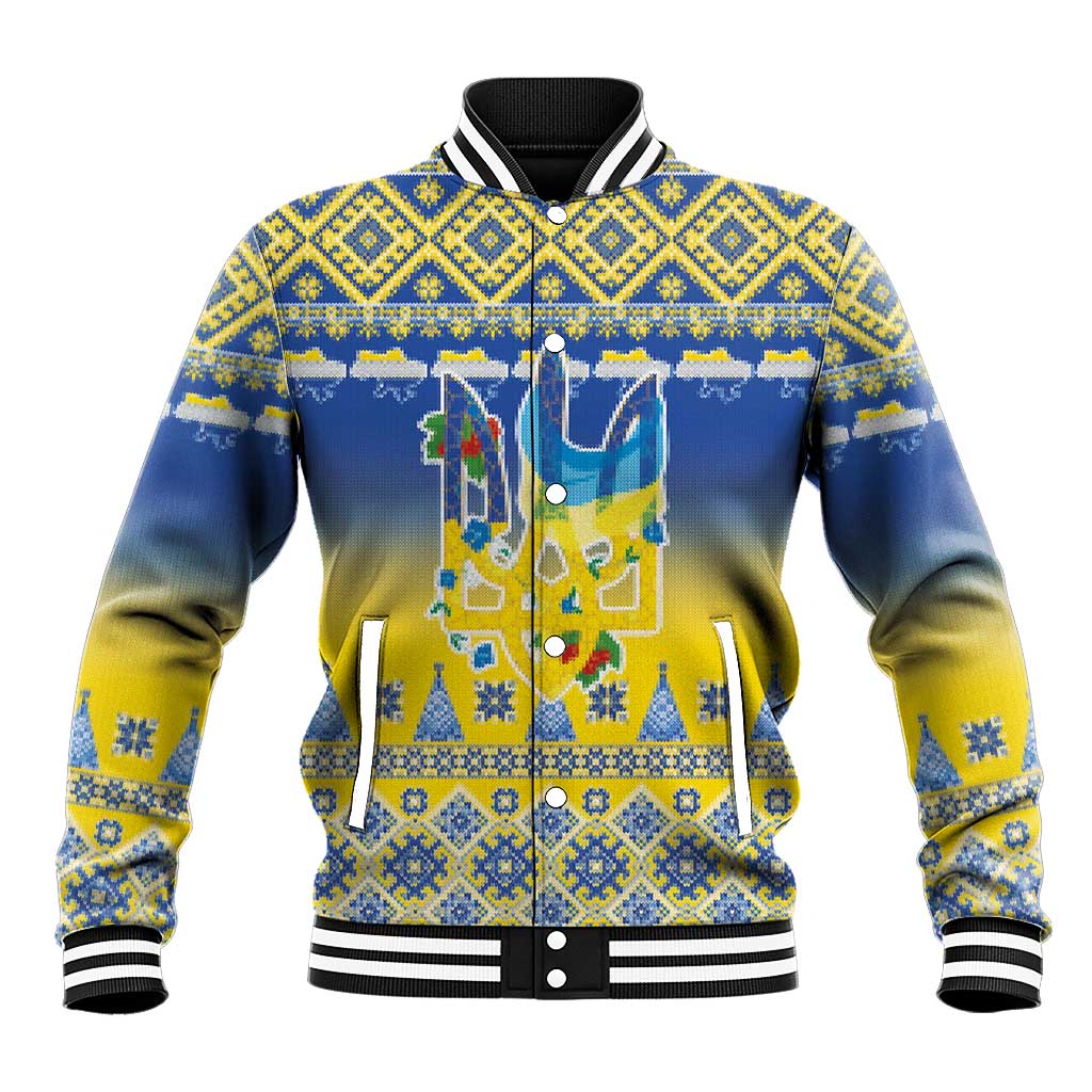Ukraine Merry Christmas Baseball Jacket Ukraine Emblem and Vyshyvanka Knitted Effect - Wonder Print Shop