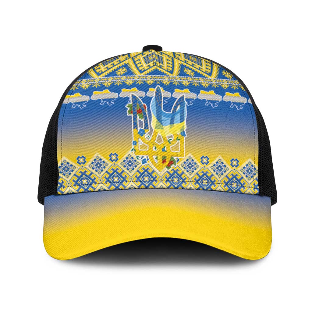 Ukraine Merry Christmas Baseball Net Cap Ukraine Emblem and Vyshyvanka Flag Color Style - Wonder Print Shop