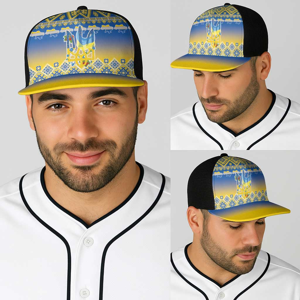 Ukraine Merry Christmas Baseball Net Cap Ukraine Emblem and Vyshyvanka Flag Color Style - Wonder Print Shop