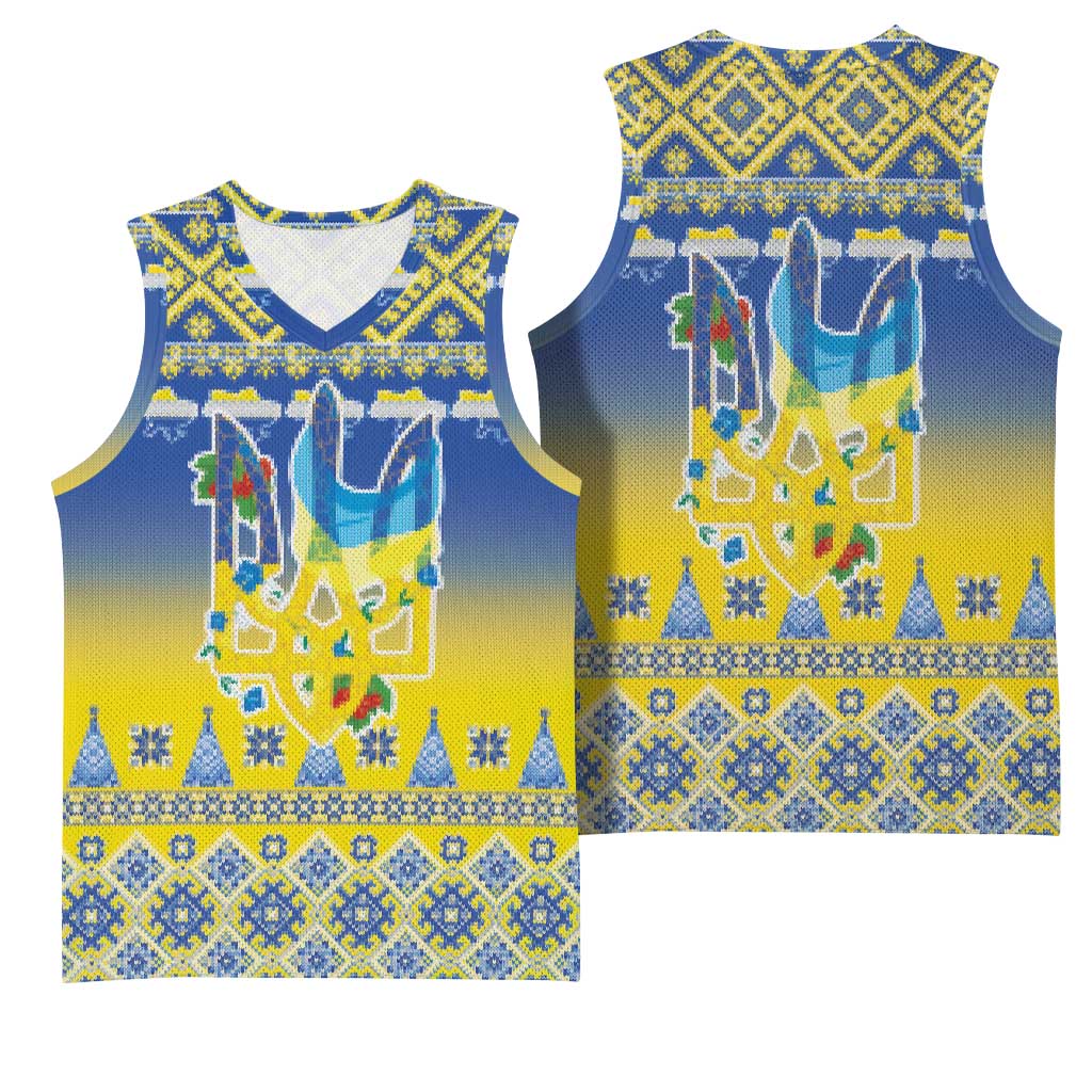 Ukraine Merry Christmas Basketball Jersey Ukraine Emblem and Vyshyvanka Knitted Effect - Wonder Print Shop