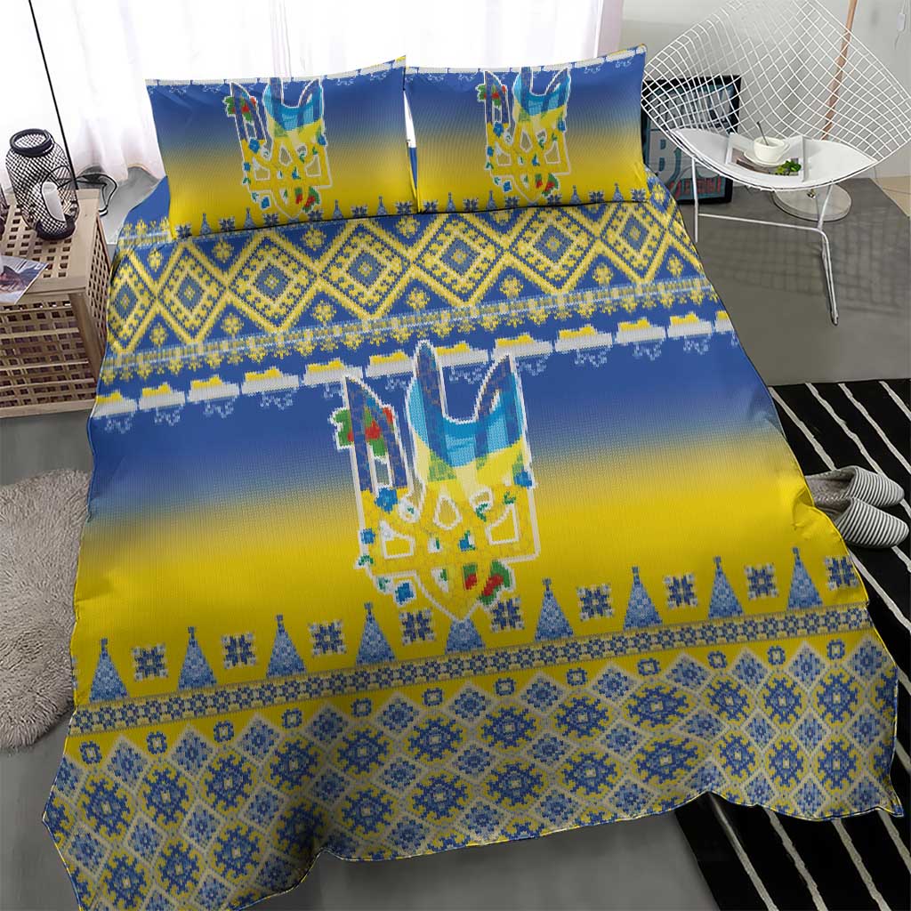 Ukraine Merry Christmas Bedding Set Ukraine Emblem and Vyshyvanka Knitted Effect - Wonder Print Shop