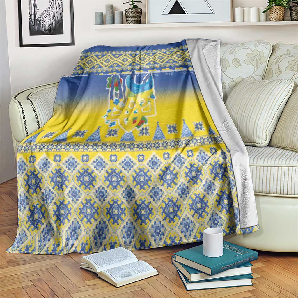 Ukraine Merry Christmas Blanket Ukraine Emblem and Vyshyvanka Knitted Effect - Wonder Print Shop