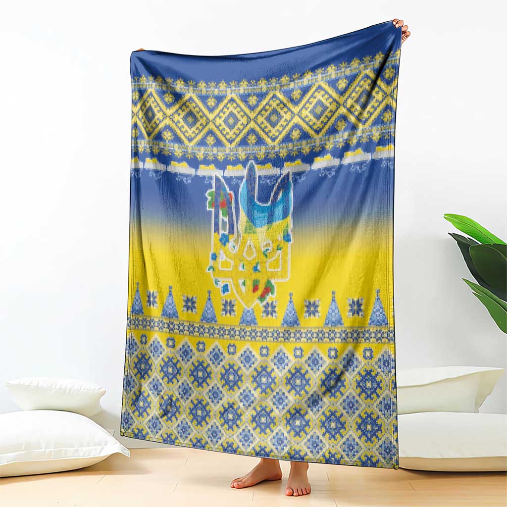 Ukraine Merry Christmas Blanket Ukraine Emblem and Vyshyvanka Knitted Effect - Wonder Print Shop